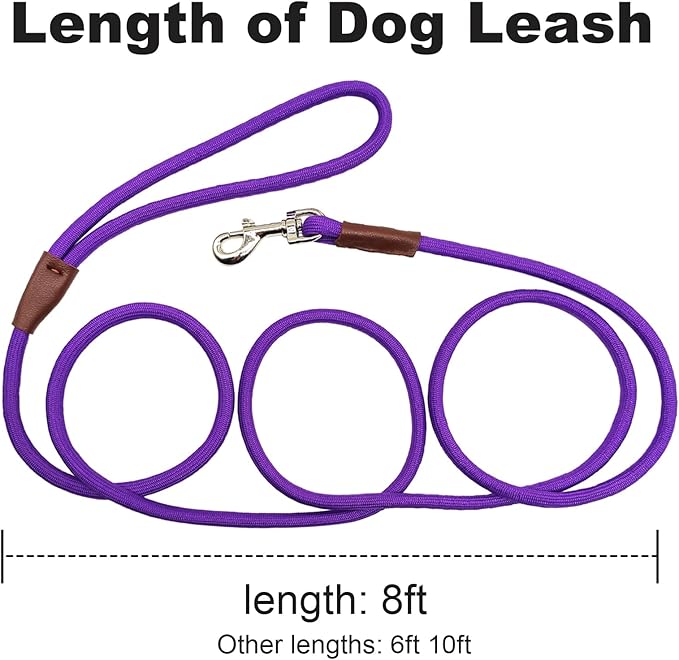 Small Dog Leash, 1/4" by 6/8/10 FT Lightweight Strong Nylon Rope Leash, Bright Classic Lead for Small Pets/Puppy/Cat (8ft, Purple)