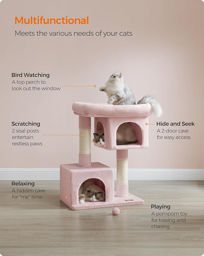 Feandrea Cat Tree, 33.1-Inch Cat Tower, Plush Condo for Large Cats up to 16 lb, Large Perch, 2 Caves, Scratching Post, Jelly Pink UPCT061P01