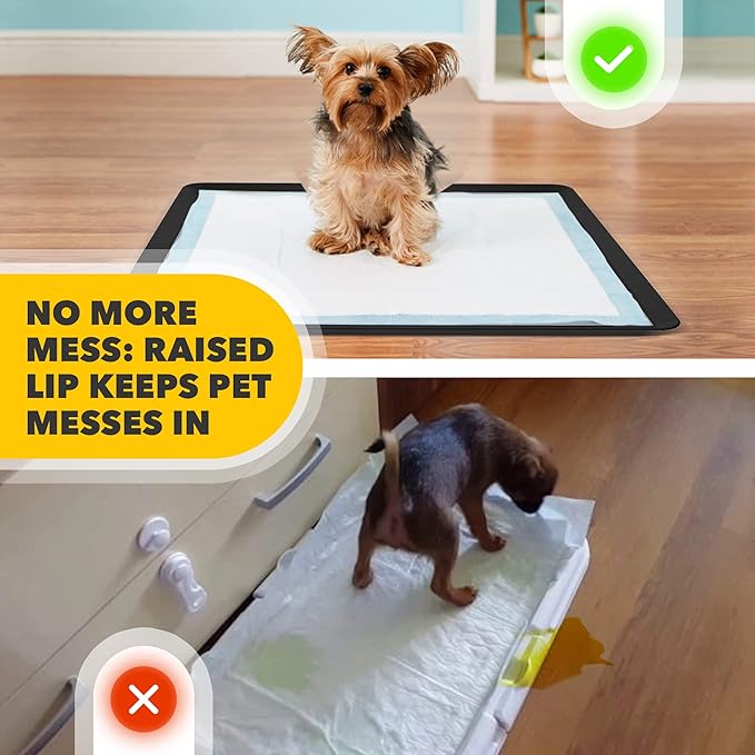 Skywin TidyFriend Dog Pee Pad Holder Tray - Fits Up to 24” x 24” Pee Pad Holder for Dogs - Stable Grip, Raised Edges, Quick-Wipe Silicone Surface Dog Pad Holder for Indoor Flooring Protection (Black)