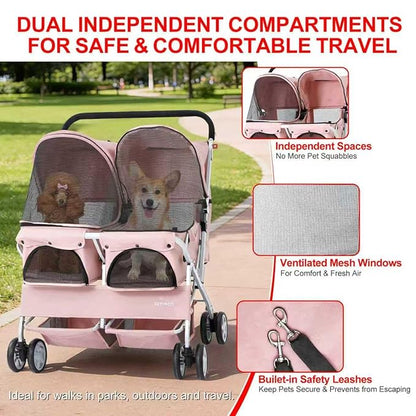 Double Pet Stroller for 2 Small Dogs & Cats, Side-by-Side Twin Travel Carriage with Safety Leashes, Mesh Windows & Double Storage Baskets, Lightweight & Foldable, 44lbs Capacity, Pink