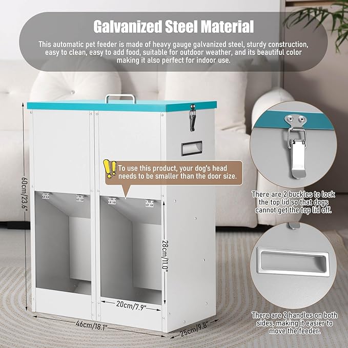 Gravity Automatic Dog Feeder for 2 Dogs - No Assembly Required, 46Lbs Capacity, Galvanized Metal Self Feeding Dog Food Dispenser, Double Pet Feeder for Outdoor and Indoor Use