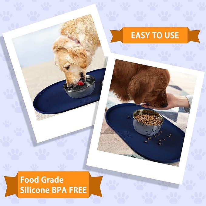100% Waterproof 0.5" Raised Edge BPA Free Silicone Dog Food Mat, Pet Cat Feeding Mats Contain Spills Protects Floors, Placemats for Cats and Dogs Water Bowl Dishwasher. (Small, Navy)