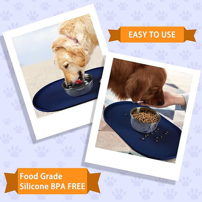 100% Waterproof 0.5" Raised Edge BPA Free Silicone Dog Food Mat, Pet Cat Feeding Mats Contain Spills Protects Floors, Placemats for Cats and Dogs Water Bowl Dishwasher. (Large/XL, Navy)