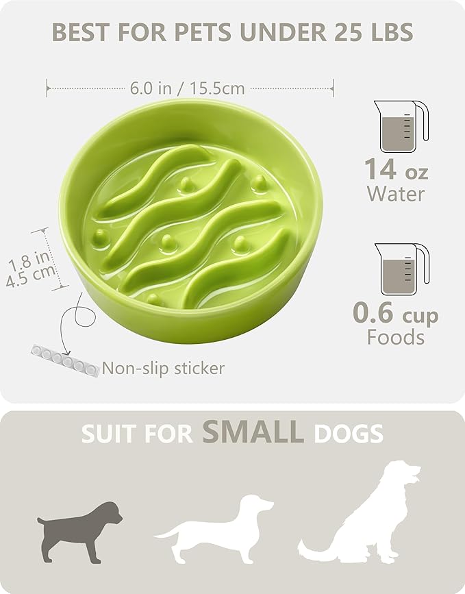 Ceramic Slow Feeder Dog Bowls for Small Dogs, 0.6 Cup Dog Slow Feeder for Fast Eater, Puzzle Maze Bowl, 14oz, 6in, Lime Green