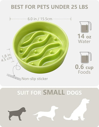 Ceramic Slow Feeder Dog Bowls for Small Dogs, 0.6 Cup Dog Slow Feeder for Fast Eater, Puzzle Maze Bowl, 14oz, 6in, Lime Green