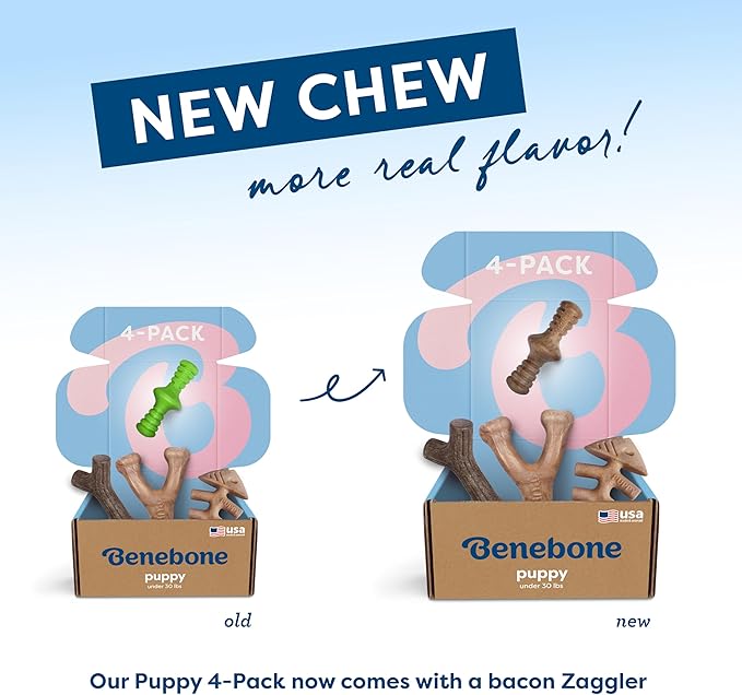 Benebone Puppy 4-Pack Dog Chew Toys, Made in USA, 30lbs and Under, for Modest Chewers