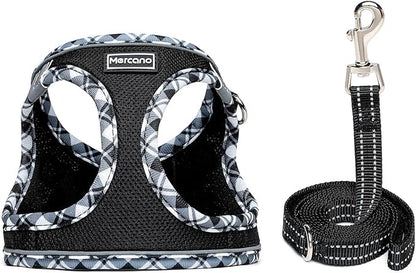 Mercano Soft Mesh Dog Harness and Leash Set, No-Chock Step-in Reflective Breathable Lightweight Easy Walk Vest Harnesses with Safety Buckle for Small Dogs, Cats (Black White, XL)