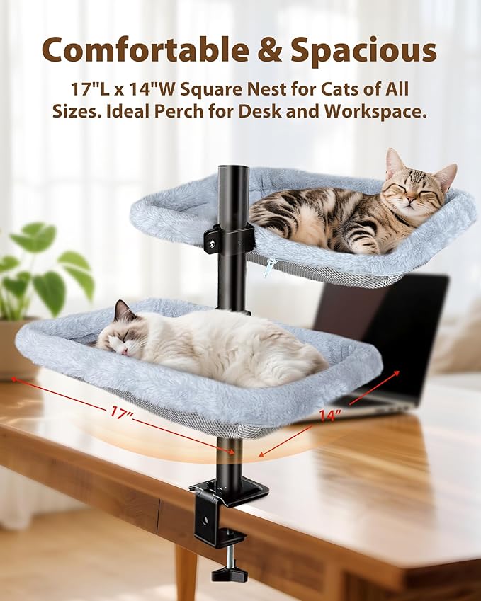 L&W BROS. Double Layer Cat Desk Bed – Adjustable Desk Perch with Metal Frame, 45LB/Layer, Washable Covers, for Multi-Cat Homes