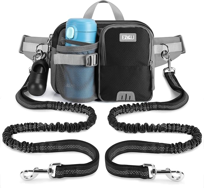 ETACCU Hands Free Dog Leash with Phone Pouch for 2 Dogs, Water Bottle Holder - Adjustable Waist Belt 19-38 Inch Belt Leash for Running, Reflective Shock Absorbing 48"-70" Extendable (Black 2)