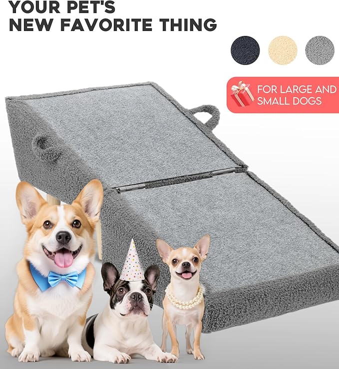 Dog Stairs for Small Dogs and Cats – 2-in-1 Dog Ramp for Couch and Low Bed, 16.5'' Foldable Wooden Pet Ramp, Sturdy Multi-Use Split Ottoman Design, Dark Grey