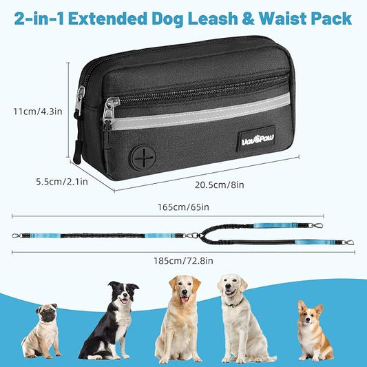Hands Free Dog Leash for 2 Dogs with Pouch, Waist Leash for Dog Walking, Jogging, Hiking, Retractable Leashes with Dual Padded Handles, Adjustable Reflective Belt for Small, Medium, Large Dogs