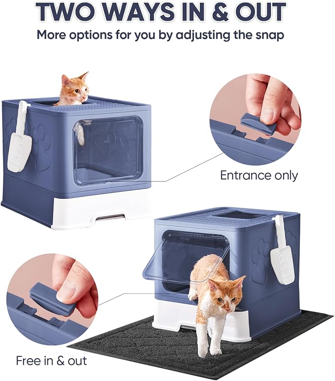 Cat Litter Box with X-Large Litter Mat and Scoop, Large Covered Litter Box with Lid, Enclosed Kitty Box,Front Top Entry Exit, Odor Control Easy to Clean (Upgrade Midnight)