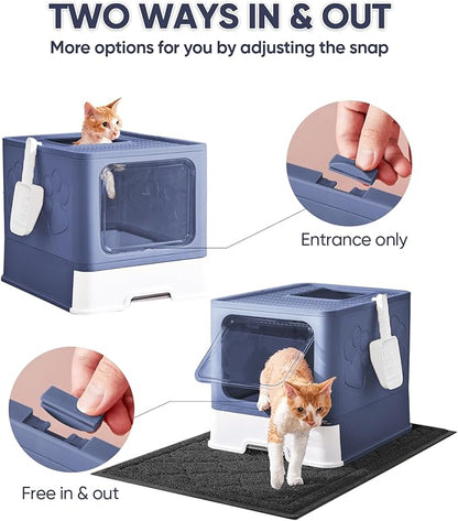 Cat Litter Box with X-Large Litter Mat and Scoop, Large Covered Litter Box with Lid, Enclosed Kitty Box,Front Top Entry Exit, Odor Control Easy to Clean (Upgrade Midnight)