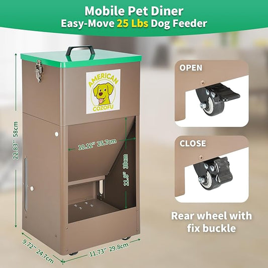 Automatic Dog Feeder with Wheels, 25lb Heavy Duty Galvanized Steel Gravity Food Dispenser - Easy to Move Rolling Pet Food Station for Indoor & Outdoor Use