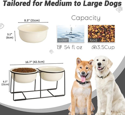 Ceramic Elevated Dog Bowl Set - Raised Double Feeding Bowls with Metal Stand - Pet Dishes for Medium and Large Dogs - 3.5 Cups - 54 fl oz - Beige