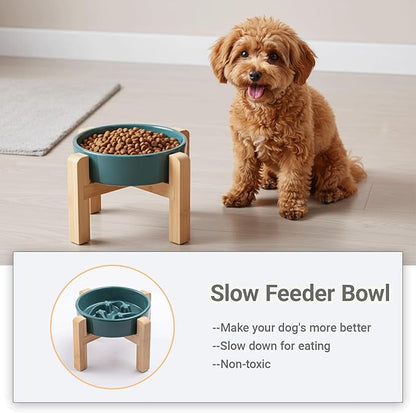 Ceramic Slow Feeder/Dog Bowl for Small Medium Dogs,Elevated/Raised Slow Feeding Dog Food Water Dish Heavy Weighted,Puzzle Eating Bowl Moder （Stars Mark-Forest Green, 8.26in）