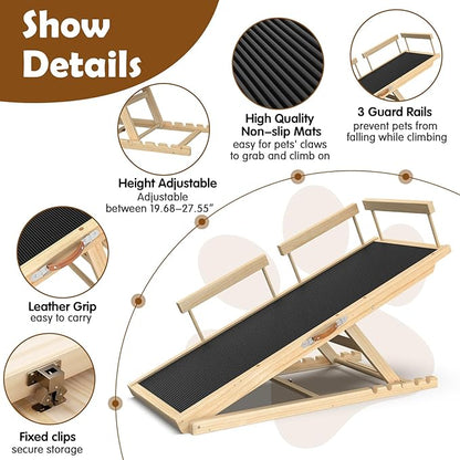 55.11" Adjustable Dog Ramp for Bed - Upgraded Wooden Pet Ramp with Non-Slip Silicone Surface and Side Rails, 6 Height Settings (19.68-27.55"), Holds Up to 250lb, Pet Stairs for Senior & Large Dogs