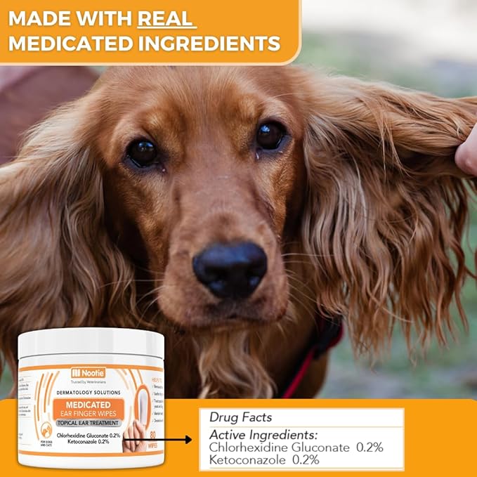 Nootie Medicated Ear Finger Wipes with Chlorhexidine for Dogs, Gentle Dog Ear Cleaning Wipes for Itchy, Sensitive Ears - Helps Remove Wax, Dirt Buildup, & Odor 80 Wipes - Made in USA