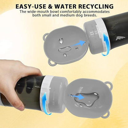 2-in-1 Pet Travel Water Bottle & Food Container - 14 oz Water + 6 oz Food Dispenser, Leak-Proof Portable Dog Water Bottle Bowl for Walking, Hiking, Camping Grey