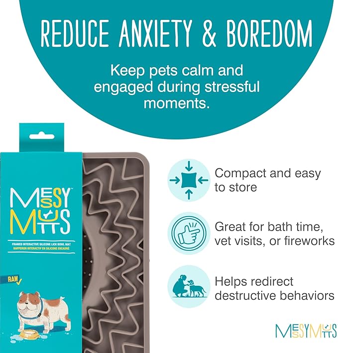 Messy Mutts Framed Silicone Therapeutic Licking Bowl Mat | 9.5" x 9.5" | Slow Feeder Mat for Boredom & Anxiety | Lick Pad for Dogs & Cats | Grey