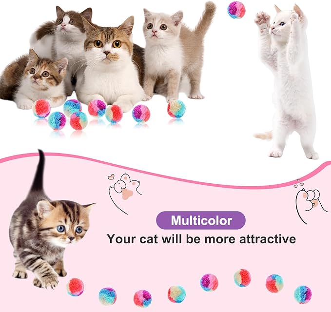 Bremorou 30 Pcs Cat Pom Pom Balls Soft Cat Balls Toy for Indoor Colorful Interactive Rainbow Toy Ball for Indoor Cats Kittens Training Playing Exercising Kitty Pet Interactive Play 1.2 Inches