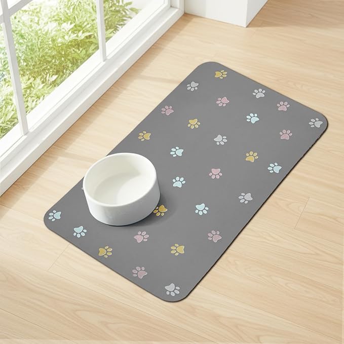 Cat Food Mat Absorbent Dog Mat for Food and Water Non Slip Quick Dry Dog Bowl Mats for Floors 19" X 12" Paw Light Gray