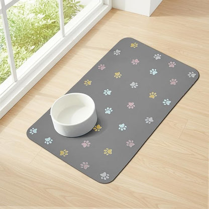 Cat Food Mat Absorbent Dog Mat for Food and Water Non Slip Quick Dry Dog Bowl Mats for Floors 19" X 12" Paw Light Gray