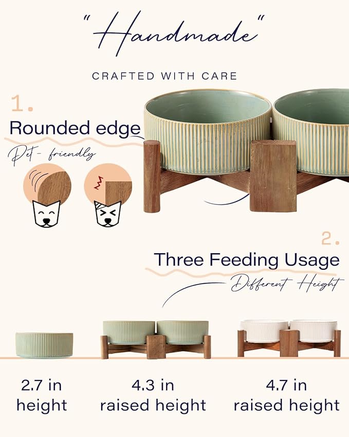 Getstar Ceramic Dog Bowls Set with Acacia Wood Stand, 3.5 Cups Pet Bowls Set of 2 for Medium Dogs, Cute Dog Food Bowl, Cat Bowls