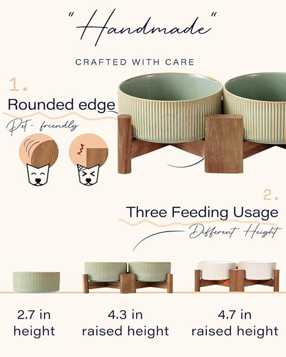 Getstar Ceramic Dog Bowls Set with Acacia Wood Stand, 3.5 Cups Pet Bowls Set of 2 for Medium Dogs, Cute Dog Food Bowl, Cat Bowls