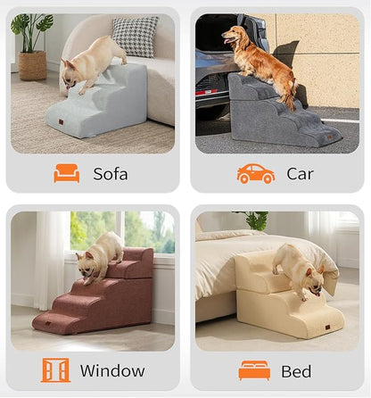 Made4Pets Dog Stairs Ramp for Small Dogs 15.7" H, 3-Step Dog Steps for Bed Couch Sofa and Chair, 35D Foam Pet Steps for Small Dogs and Cats, Non-Slip Bottom Pet Stairs, Tan