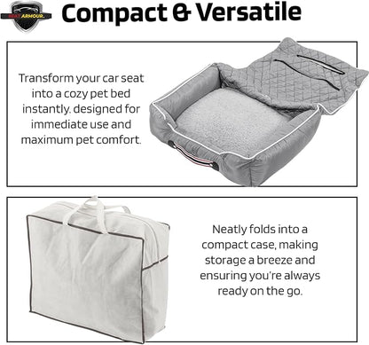 Seat Armour PetBed2Go Grey - Car Pet Bed and Seat Cover – Soft, Portable Pet Cushion for Travel – Protects Vehicle Seats from Fur, Dirt & Scratches