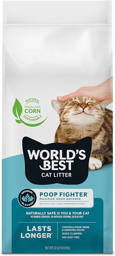 WORLD'S BEST CAT LITTER Poop Fighter Maximum Odor Defense, 32-Pounds - Natural Ingredients, Quick Clumping, Flushable, 99% Dust Free & Made in USA - Long-Lasting Odor Control & Easy Scooping