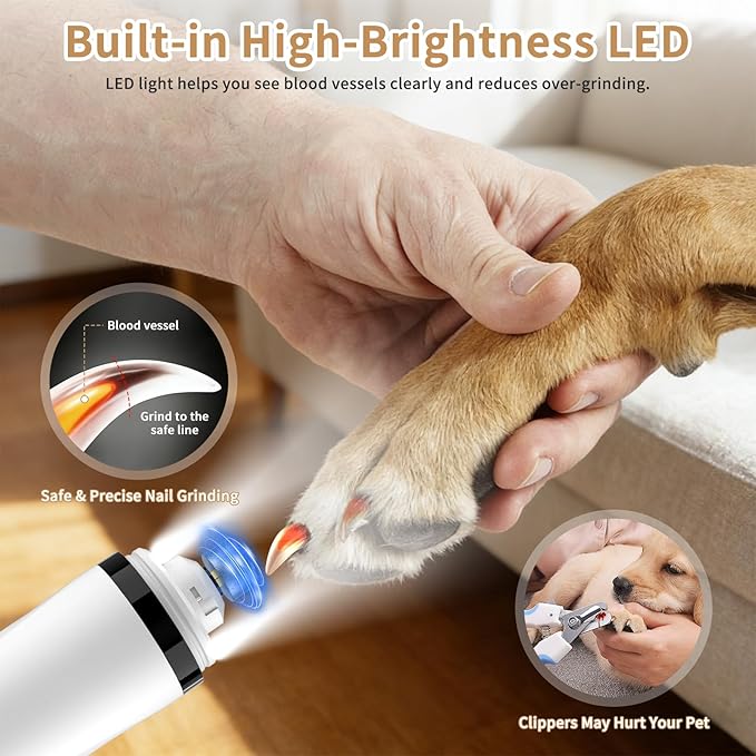 2026 New Dog Nail Grinder Quiet - Painless Pet Nail Grinder for Dogs - 3 Modes Dog Nail Trimmer with Guard & 2 LED Lights -Silent Nail Groom for Small/Medium/Large Dogs and Cats Electric Pet Claw Care