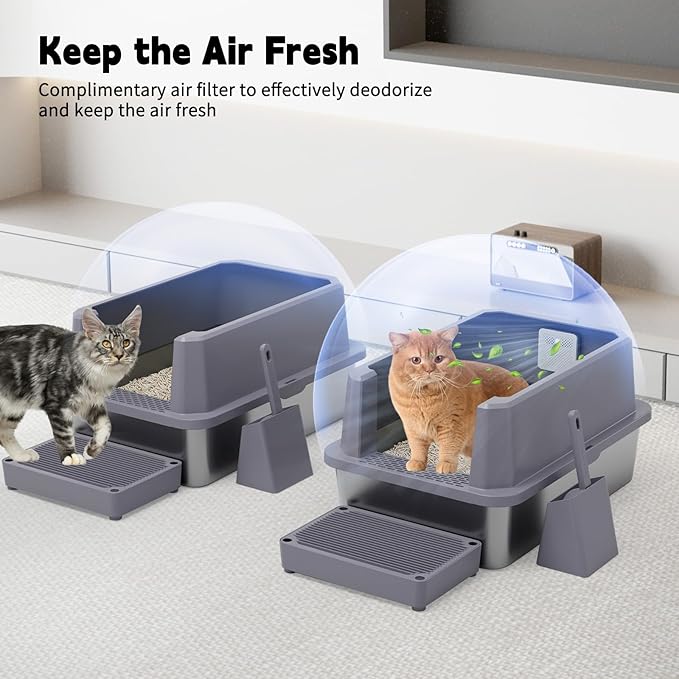 RIZZARI Stainless Steel Litter Box for Cats: Gray Leakproof Open Top Tray - Teflon Non-Stick Coating - Large Size Odor Control for Cats Under 20 lbs - with Deodorizer - 2 Pack