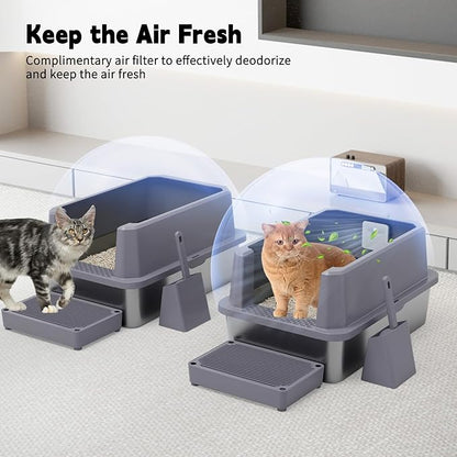 RIZZARI Stainless Steel Litter Box for Cats: Gray Leakproof Open Top Tray - Teflon Non-Stick Coating - Large Size Odor Control for Cats Under 20 lbs - with Deodorizer - 2 Pack