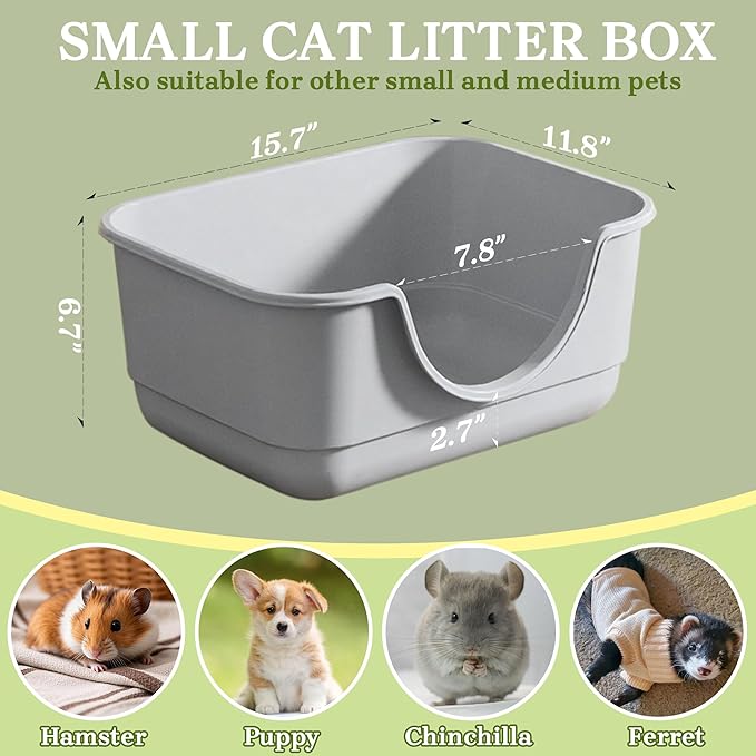Low Entry Small Litter Box for Kittens, Kitty Plastic Litter Boxes, Open Top, Anti-Splash High Sided Litter Tray Pan for Medium Pets, Puppy, Easy to Clean, 15.7" L*11.8" W*6.7" H (Grey)