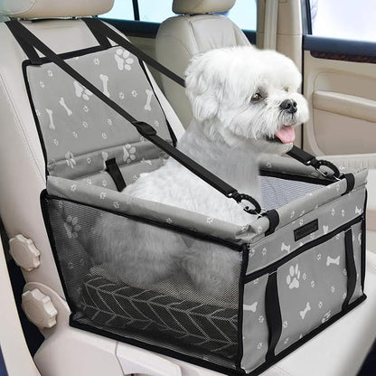 PetsHome Dog Car Seat Foldable Dog Car Booster Seat Waterproof Breathable Oxford Travel Bag for Small to Medium Dogs, Puppies, and Pets-Pattern Grey+Mat