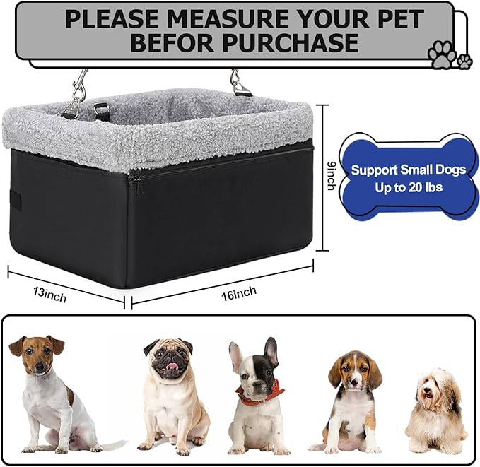 Dog Car Seat for Small Pets Under 20lbs, Booster Seat with Metal Frame, Double-Layer Oxford Fabric, Safety Leash for Dogs and Cats