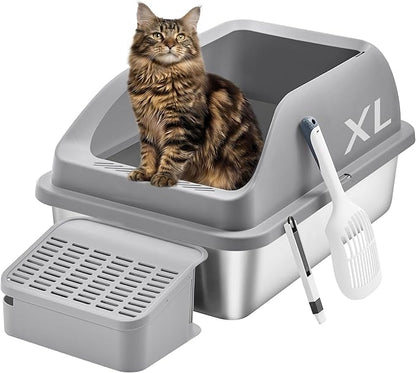 Feandrea Stainless Steel Cat Litter Box with Open Top, High Sided Litter Tray with Step, Scoop, Brush, for Cats up to 33 lb, Dove Gray UPPT008GN01