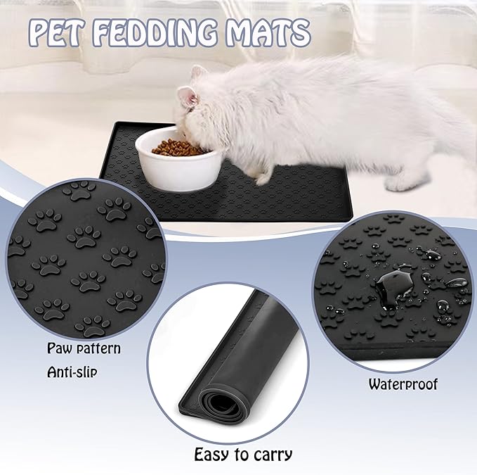 Dog Cat Pet Food Mat for Floor Dog Feeding Bowl Mat for Food and Water Raised Edges Dog Cat Mat for Food and Water Prevent Spill on Floor Waterproof Slip Rubber Mat for Dog Bowls