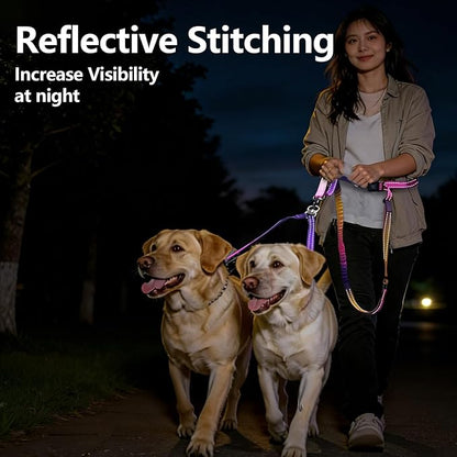 Roses&Poetry Hands Free Double Dog Leash for Two Dogs, 9-11ft Adjustable Bungee Walking Waist Lead, Dual Dogs Leash with Tangle-Free Swivel for Medium Large Dog Heavy Duty Running(Mistyrose)