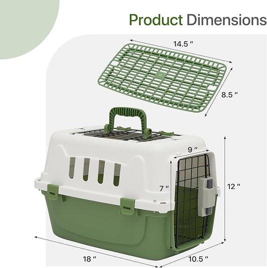 18 Inch Hard-Sided Plastic Dog Carrier 2 Door Travel Crate for Small Dogs Cats up to 10 lbs, Durable Handle, Security Lock Design, Green