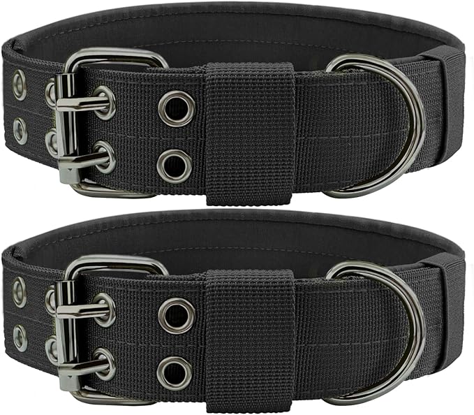 Heavy Duty Dog Collar for Large Dogs, 2 PCS Tactical Dog Collars with Metal Buckle & D Ring, 1.5" Width Thick Adjustable Nylon Collar for Medium Dogs, Black/L