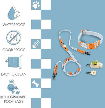 WLK1006D-5SET Luna Large 8FT Adjustable 6-in-1 Waterproof Hands-Free Leash and Collar with LED Flashlight, Bag Dispenser, and Poop Bag Holder, Fishbowl