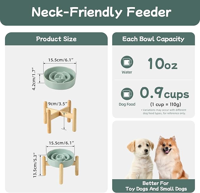 Ceramic 0.9 Cup Raised Dog Slow Feeder Set, Elevated Bowl with Wooden Stand for Small Dog and Cat, 6.1inch Puzzle Slow Dog Food Dish, Anti-Gulping(Light Green, Single Bowl+ Stand)