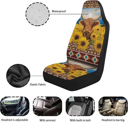 Sunflower Highland Cow Car Seat Covers Elastic Fabrics Waterproof Car Seat Cover Easy to Install Auto Interior Accessories 2 Pcs Set for SUV, Vans,Sedan,Truck