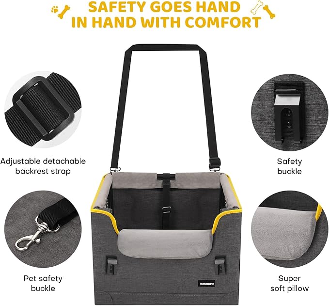 GENORTH Dog Car Seat for Small Dogs,Detachable Pet Car Seat Under 20 lbs,Dog Booster Seat with Cozy Chin Rest,Cushion and Safety Belt, (Gray)