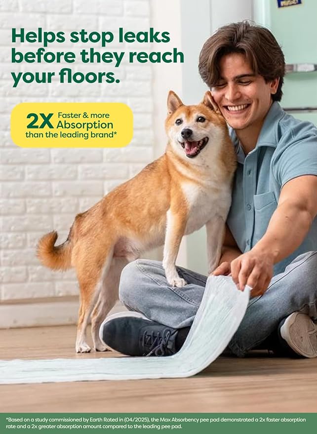 Earth Rated Puppy Pads, Max Absorbency Pee Pads for Dogs, Absorbs 2X Faster & 2X More, Leak Prevention, Potty Training, Fragrance-Free, Unscented, XL, 28” x 34”, 40 Count