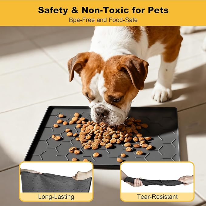 Pieviev 16''x12'' Dog Cat Food Bowl Mat, Silicone Waterproof Food Grade Pet Food Mat for Floor, High Raised Edge to Prevent Spills, Non-Slip & Easy Clean Pet Placemat for Dog & Cat Bowls, Dark Gray