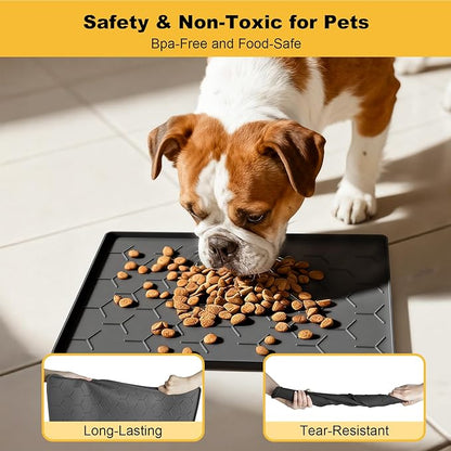 Pieviev 16''x12'' Dog Cat Food Bowl Mat, Silicone Waterproof Food Grade Pet Food Mat for Floor, High Raised Edge to Prevent Spills, Non-Slip & Easy Clean Pet Placemat for Dog & Cat Bowls, Dark Gray
